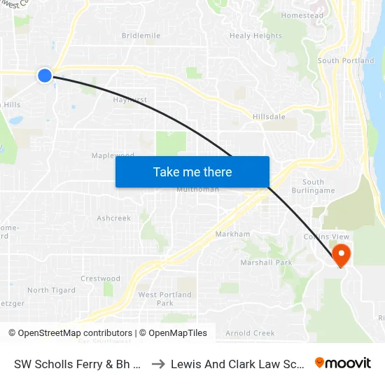 SW Scholls Ferry & Bh Hwy to Lewis And Clark Law School map