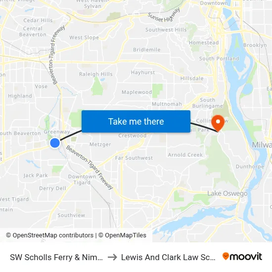 SW Scholls Ferry & Nimbus to Lewis And Clark Law School map