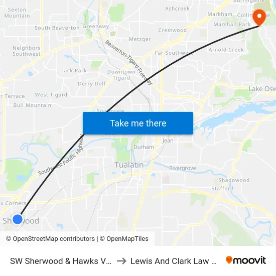 SW Sherwood & Hawks View Es to Lewis And Clark Law School map