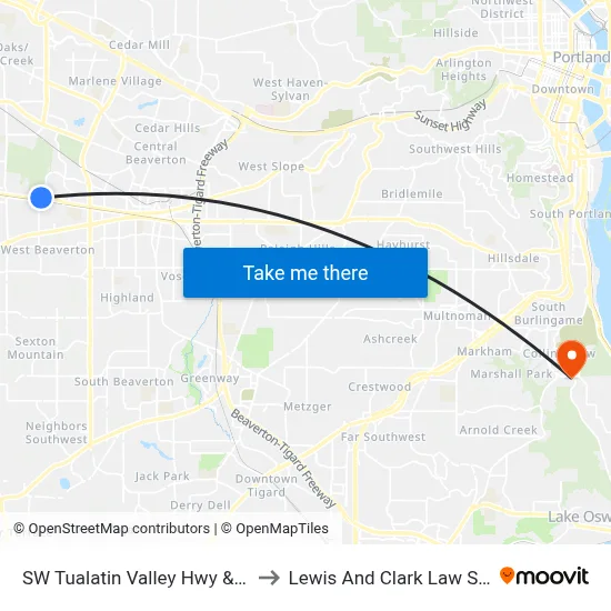 SW Tualatin Valley Hwy & 160th to Lewis And Clark Law School map