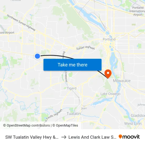 SW Tualatin Valley Hwy & 178th to Lewis And Clark Law School map