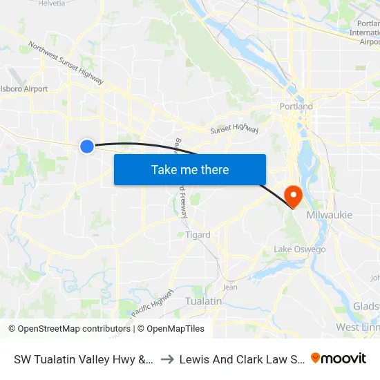 SW Tualatin Valley Hwy & 198th to Lewis And Clark Law School map