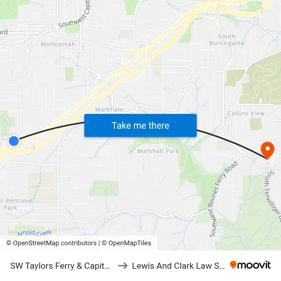 SW Taylors Ferry & Capitol Hwy to Lewis And Clark Law School map