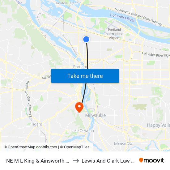 NE M L King & Ainsworth (South) to Lewis And Clark Law School map