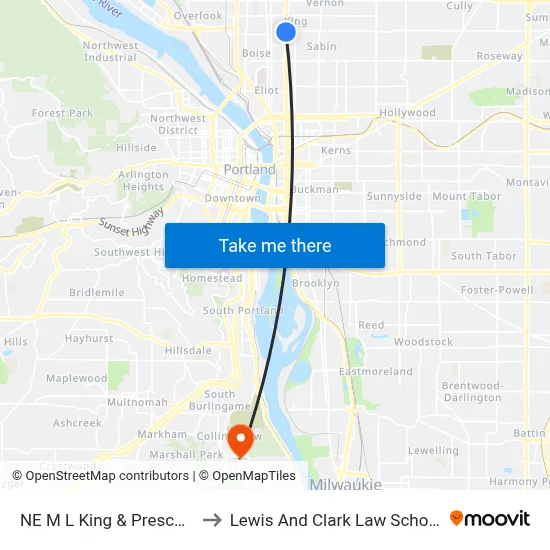 NE M L King & Prescott to Lewis And Clark Law School map