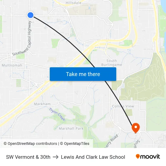 SW Vermont & 30th to Lewis And Clark Law School map