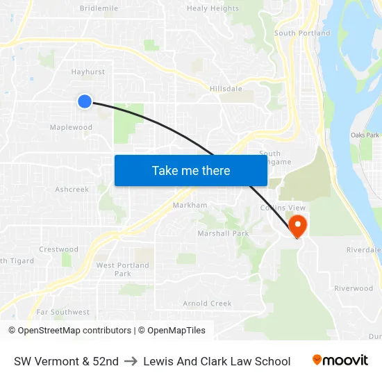 SW Vermont & 52nd to Lewis And Clark Law School map