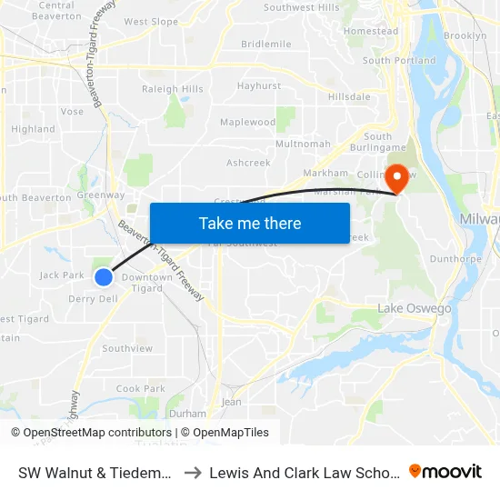SW Walnut & Tiedeman to Lewis And Clark Law School map