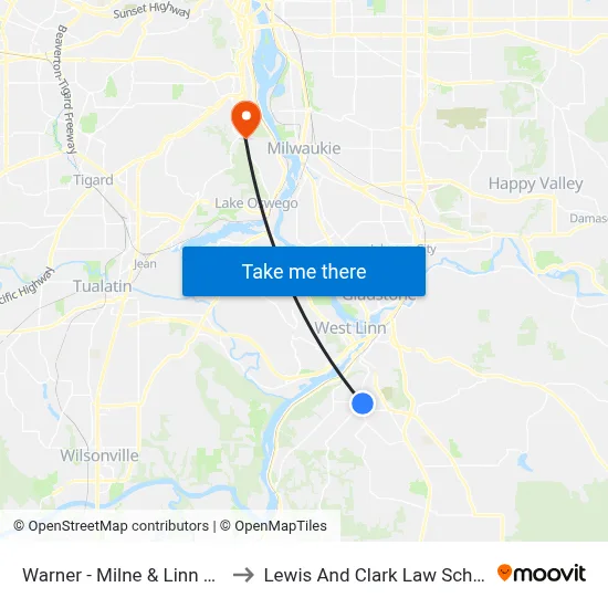 Warner - Milne & Linn Ave to Lewis And Clark Law School map