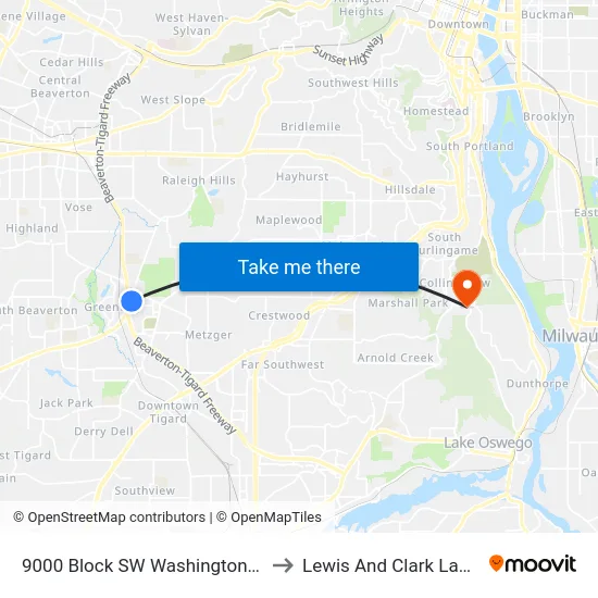 9000 Block SW Washington Square Rd to Lewis And Clark Law School map