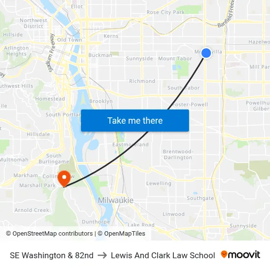 SE Washington & 82nd to Lewis And Clark Law School map