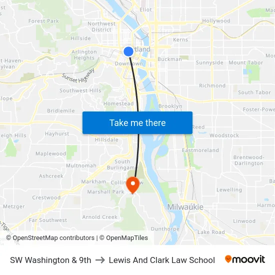 SW Washington & 9th to Lewis And Clark Law School map