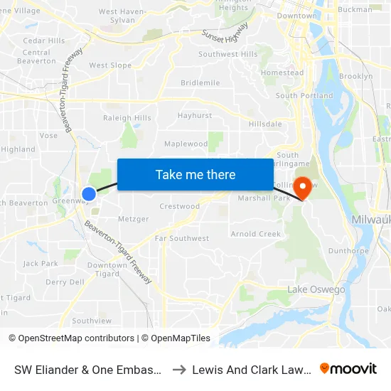 SW Eliander & One Embassy Centre to Lewis And Clark Law School map
