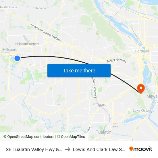 SE Tualatin Valley Hwy & 11th to Lewis And Clark Law School map