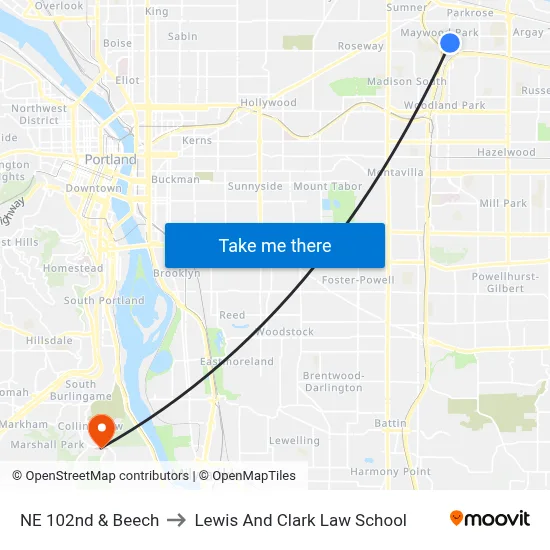 NE 102nd & Beech to Lewis And Clark Law School map