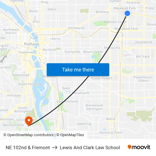 NE 102nd & Fremont to Lewis And Clark Law School map