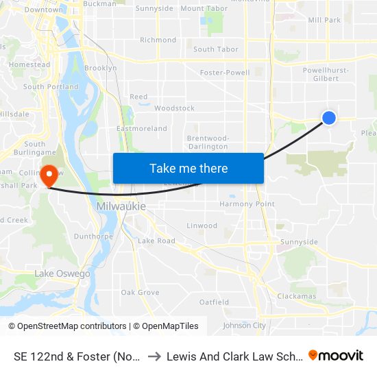 SE 122nd & Foster (North) to Lewis And Clark Law School map