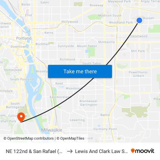 NE 122nd & San Rafael (South) to Lewis And Clark Law School map