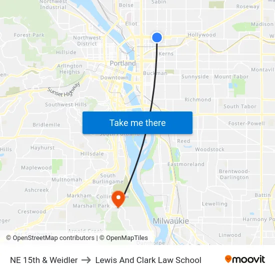 NE 15th & Weidler to Lewis And Clark Law School map