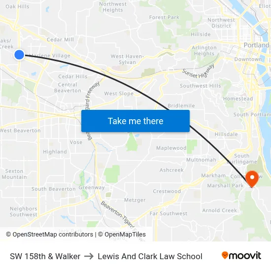 SW 158th & Walker to Lewis And Clark Law School map