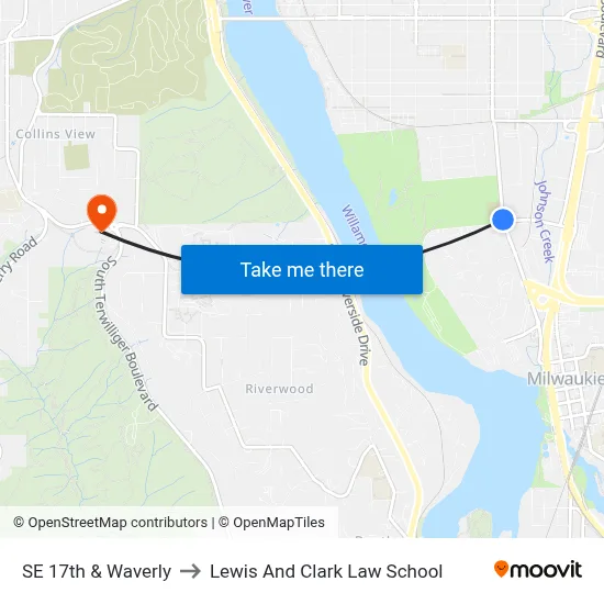 SE 17th & Waverly to Lewis And Clark Law School map