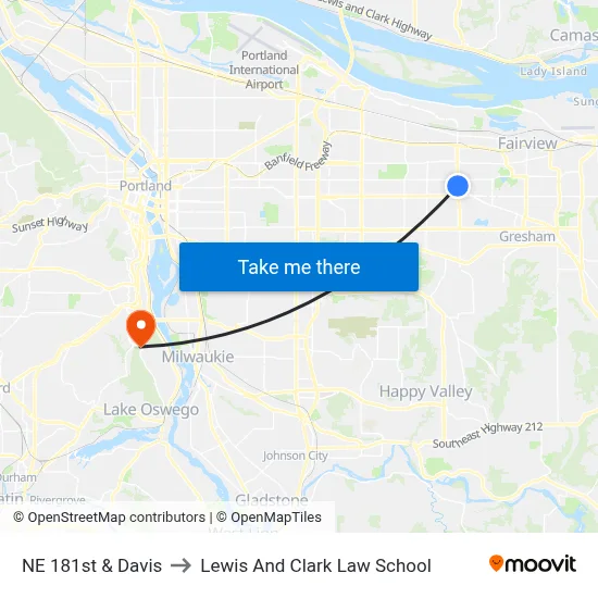 NE 181st & Davis to Lewis And Clark Law School map