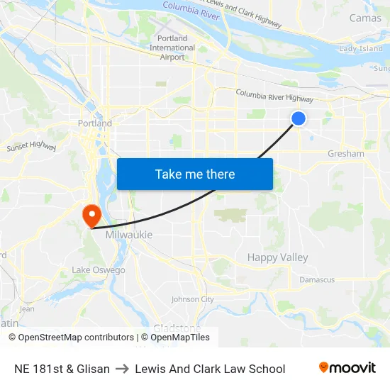 NE 181st & Glisan to Lewis And Clark Law School map