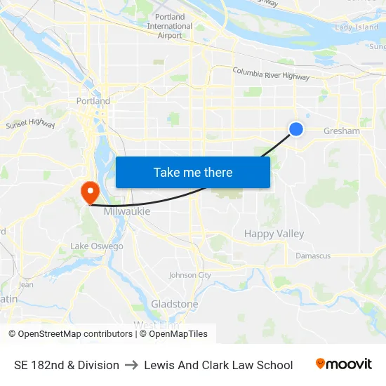 SE 182nd & Division to Lewis And Clark Law School map
