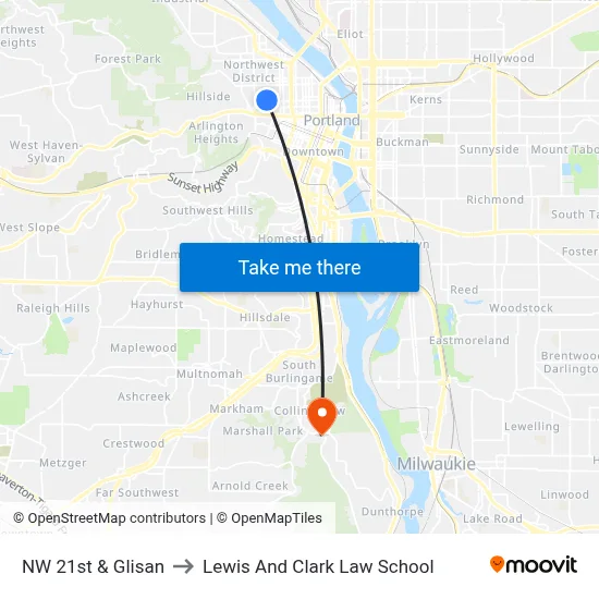 NW 21st & Glisan to Lewis And Clark Law School map