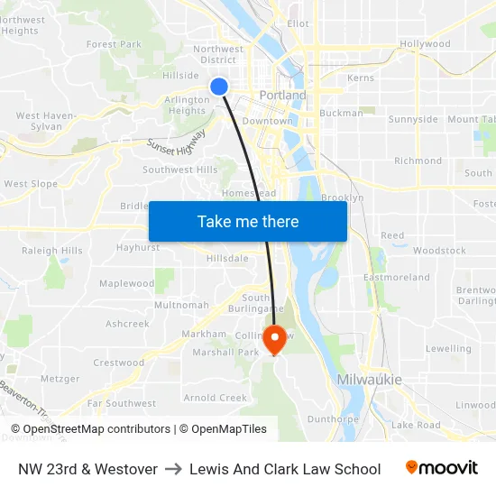 NW 23rd & Westover to Lewis And Clark Law School map