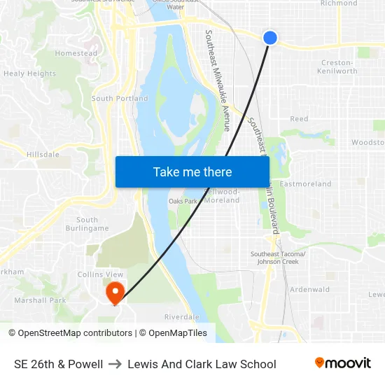 SE 26th & Powell to Lewis And Clark Law School map