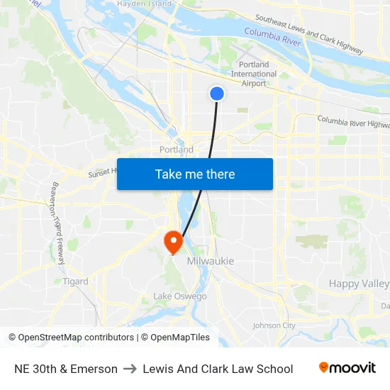 NE 30th & Emerson to Lewis And Clark Law School map