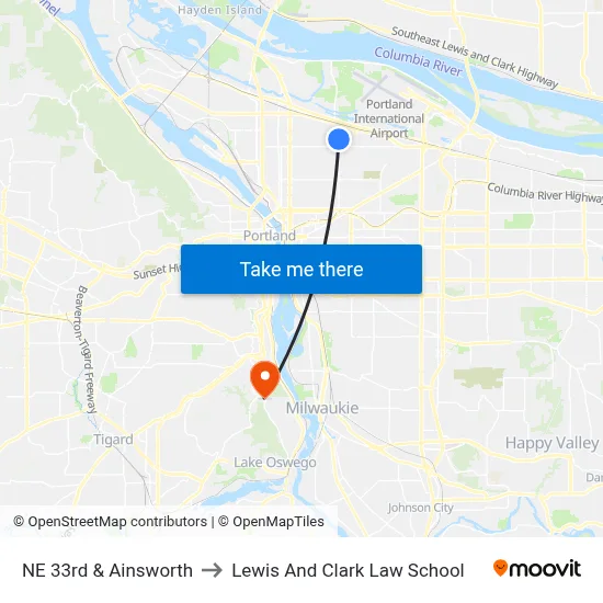 NE 33rd & Ainsworth to Lewis And Clark Law School map