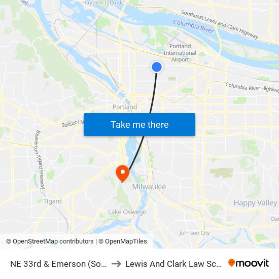 NE 33rd & Emerson (South) to Lewis And Clark Law School map