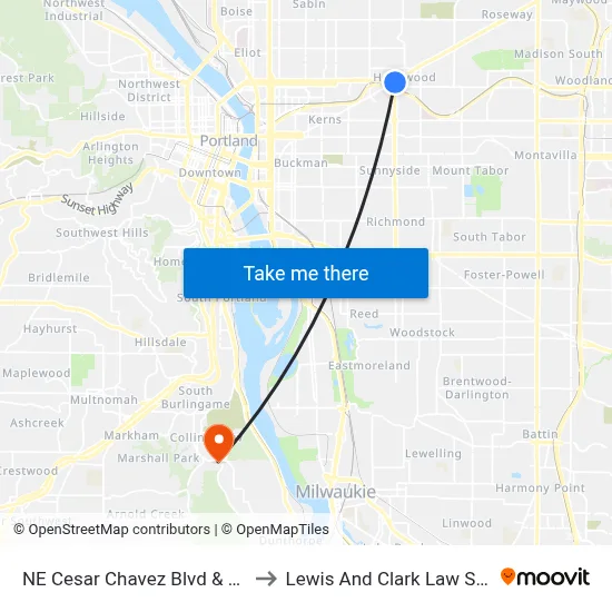 NE Cesar Chavez Blvd & Sandy to Lewis And Clark Law School map