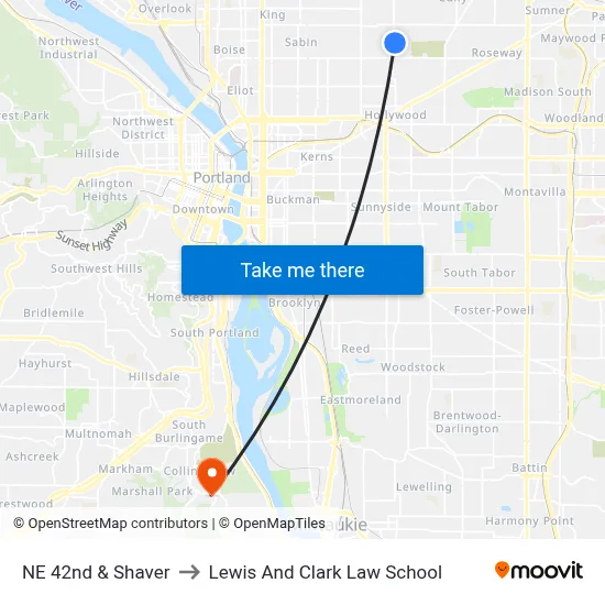 NE 42nd & Shaver to Lewis And Clark Law School map
