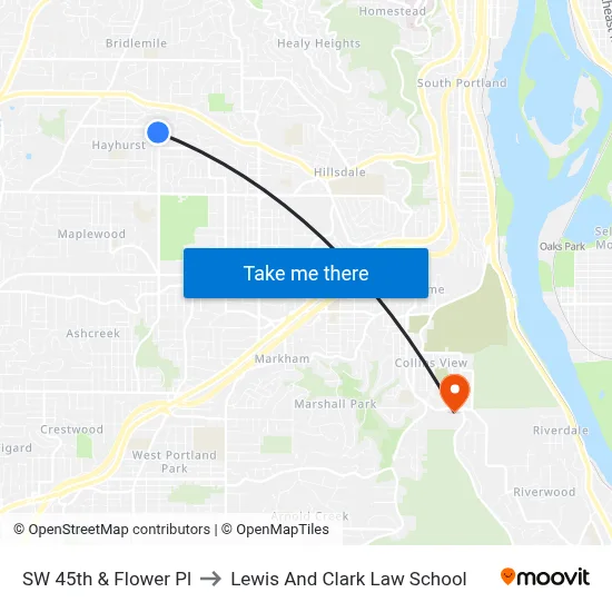 SW 45th & Flower Pl to Lewis And Clark Law School map