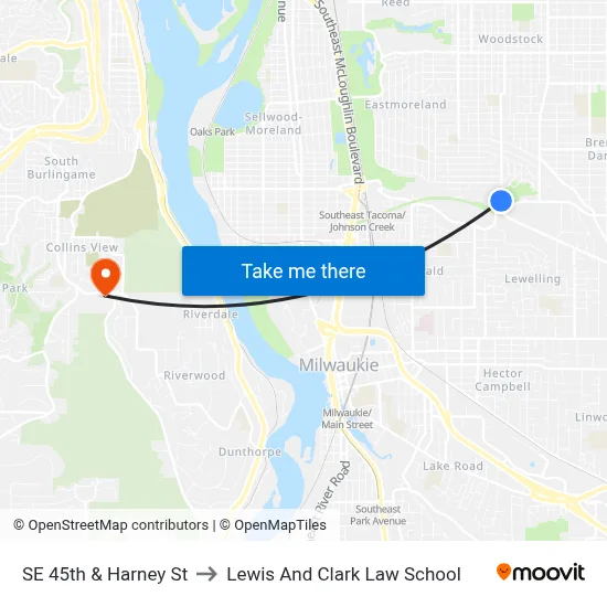 SE 45th & Harney St to Lewis And Clark Law School map