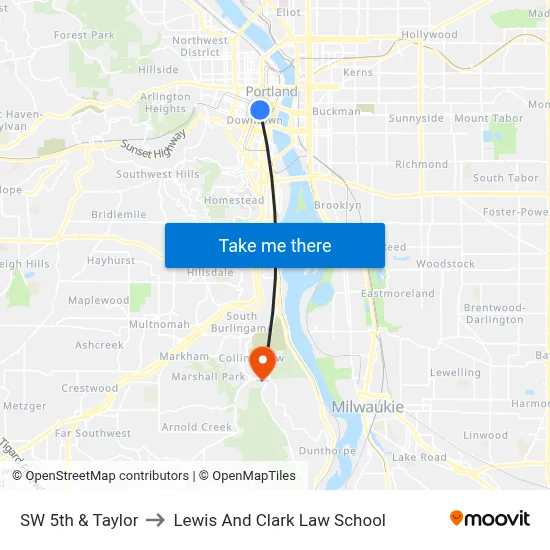 SW 5th & Taylor to Lewis And Clark Law School map
