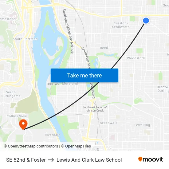 SE 52nd & Foster to Lewis And Clark Law School map
