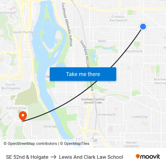 SE 52nd & Holgate to Lewis And Clark Law School map