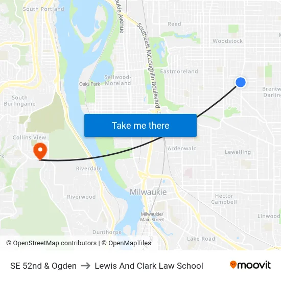 SE 52nd & Ogden to Lewis And Clark Law School map