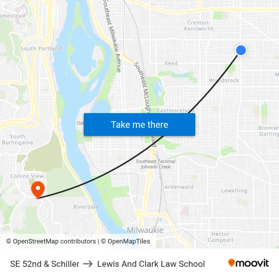 SE 52nd & Schiller to Lewis And Clark Law School map