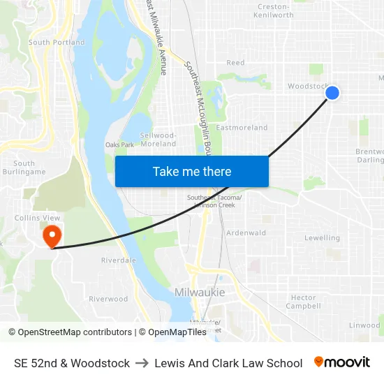 SE 52nd & Woodstock to Lewis And Clark Law School map