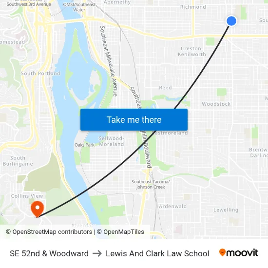 SE 52nd & Woodward to Lewis And Clark Law School map