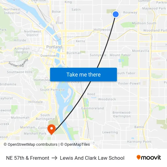 NE 57th & Fremont to Lewis And Clark Law School map