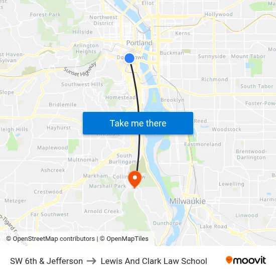 SW 6th & Jefferson to Lewis And Clark Law School map