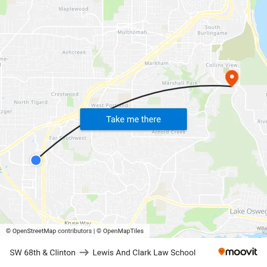 SW 68th & Clinton to Lewis And Clark Law School map