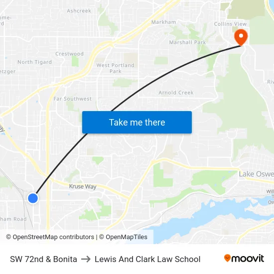SW 72nd & Bonita to Lewis And Clark Law School map