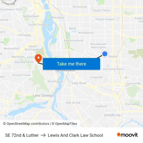 SE 72nd & Luther to Lewis And Clark Law School map